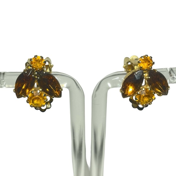Carnelian & Citrine Color Goldtone Rhinestones Brooch Matching Clip On Earrings - Picture 5 of 7